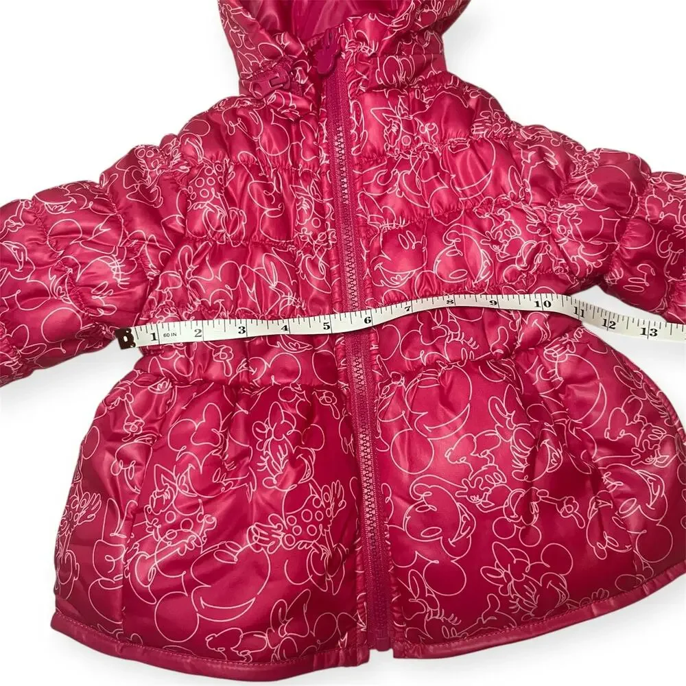Disney Minnie Mouse Pink Puffer Jacket Toddler Girl Hooded Fleece Lined Coat 2T